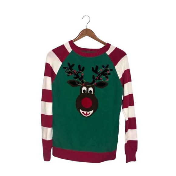 Ugly Christmas Green and Red Reindeer Crewneck Striped Long Sleeve Sweater - Picture 1 of 6